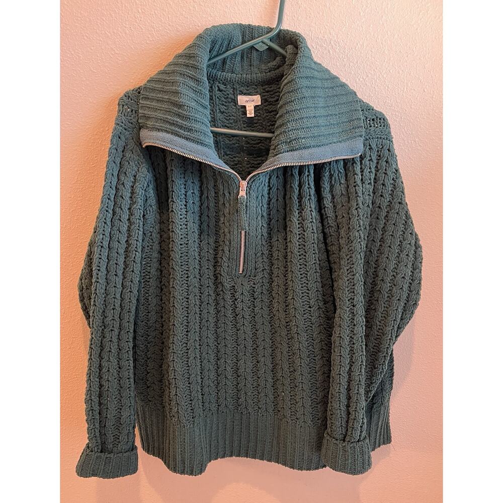 Aerie Cable Knit Quarter Zip Sweater Green Chunky Knit Cozy Oversized size S